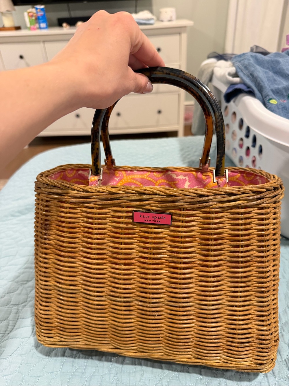 Kate Spade Gracie Wicker Medium Top Handle Bag and tortoise shell handles